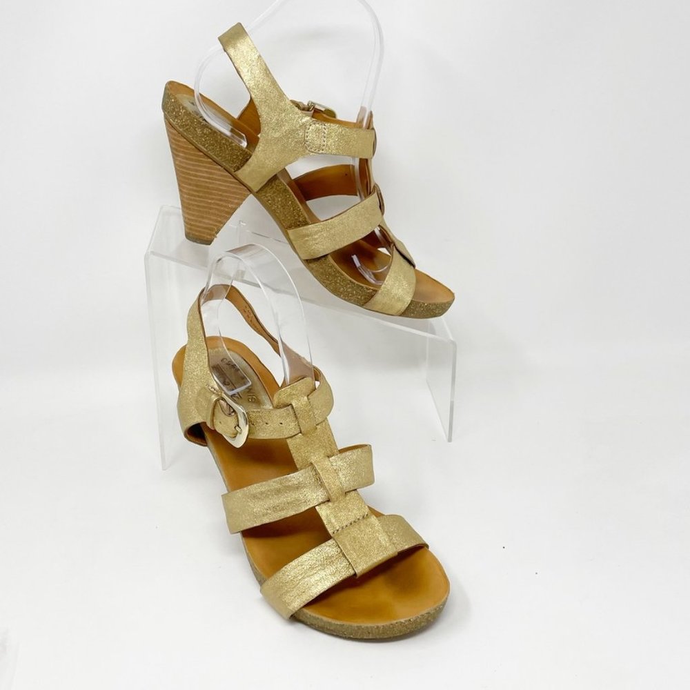 Kork Ease Womens Gold Leather Strap Heel Sandal  Size 9  SEE PICS